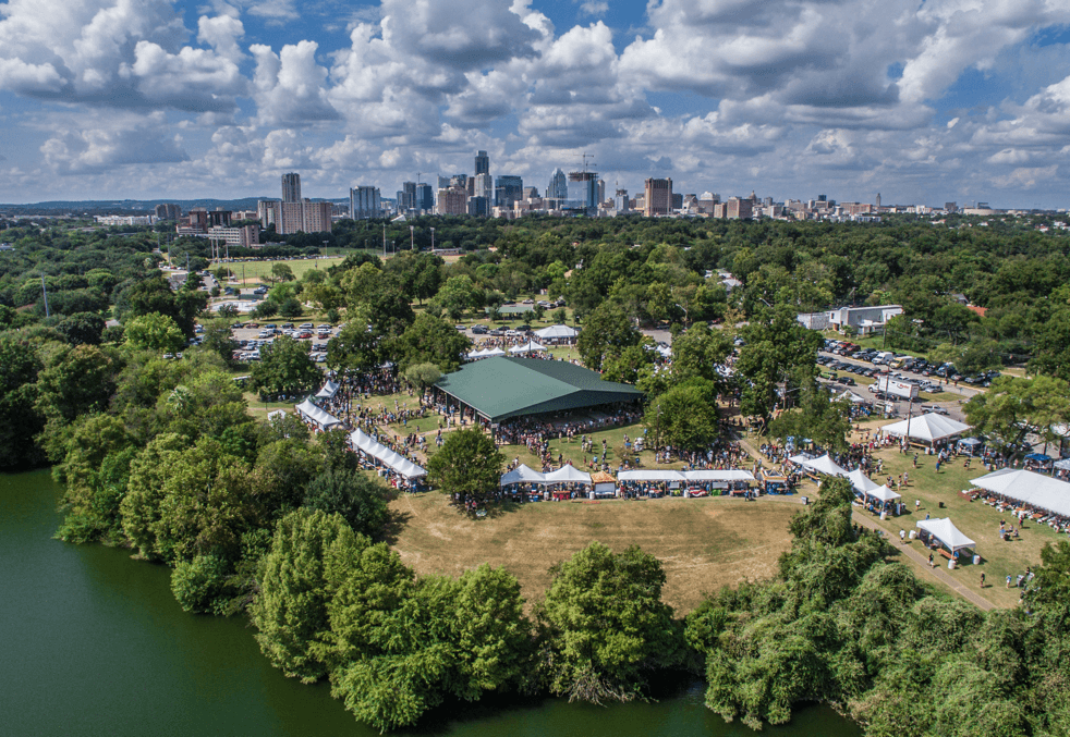 Aerial view of Fiesta Gardens along the lake in East Austin